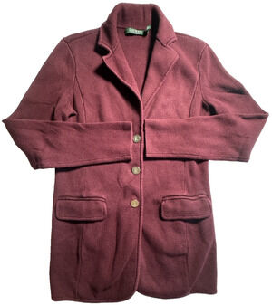 Lauren Ralph Lauren Women's S Burgundy Knit Sweater Blazer Jacket 3 Button